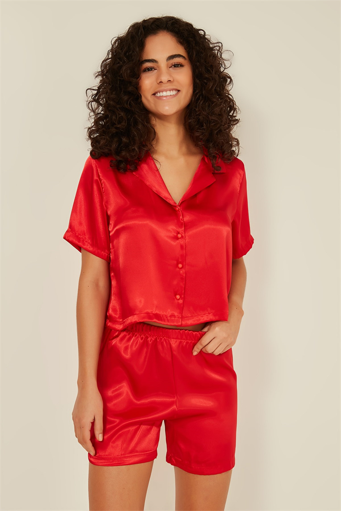C&City 044 Women Satin Crop Pyjama Set Red