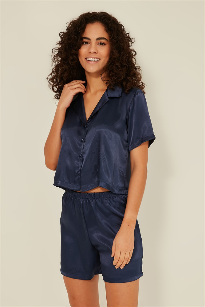C&City 044 Women Satin Crop Pyjama Set Navy Blue