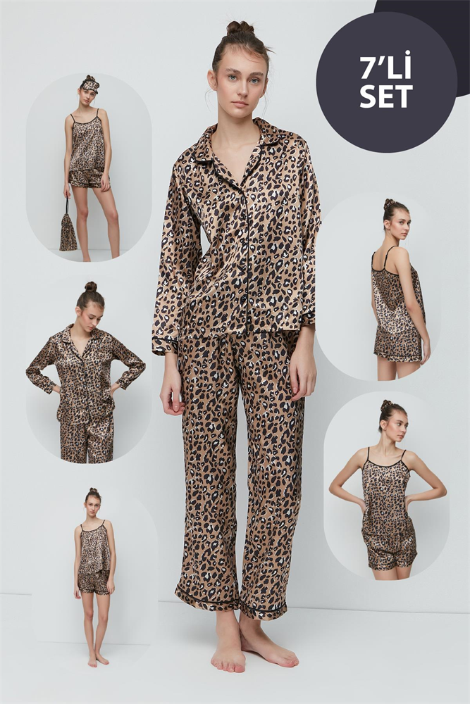 C&City Satin 7 Piece Pyjama Set 9550 Brown/Leopard