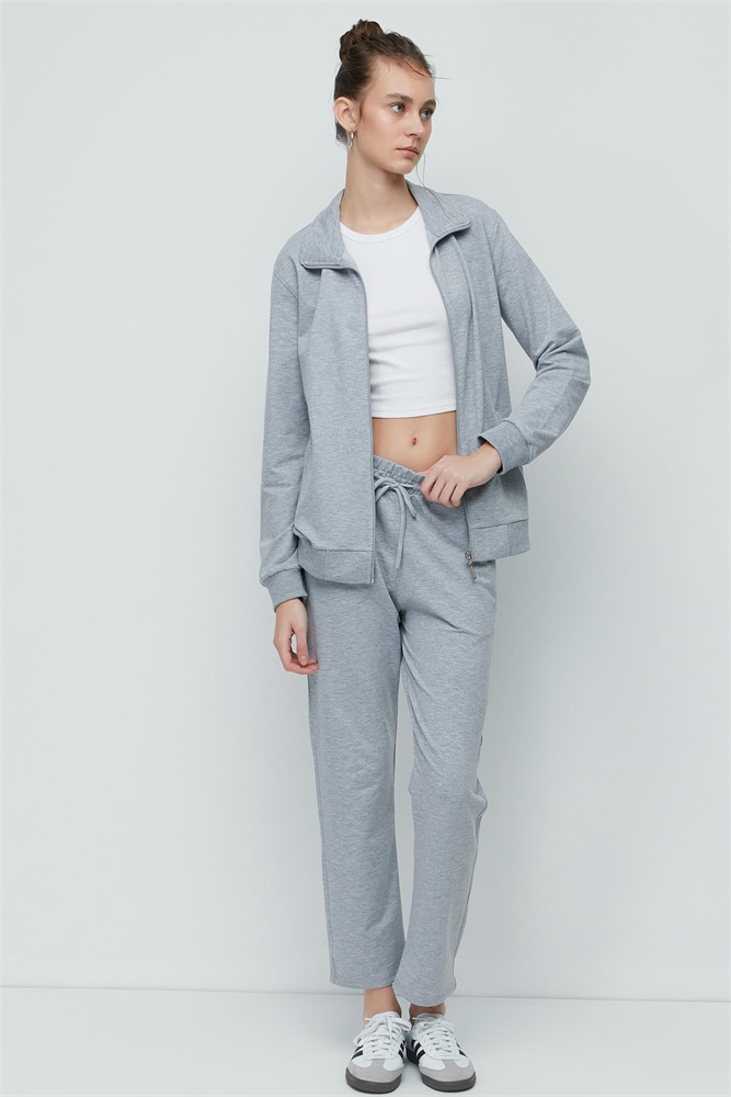 C&City Women Collared Front Zippered Straight Leg Tracksuit 9701 Grey