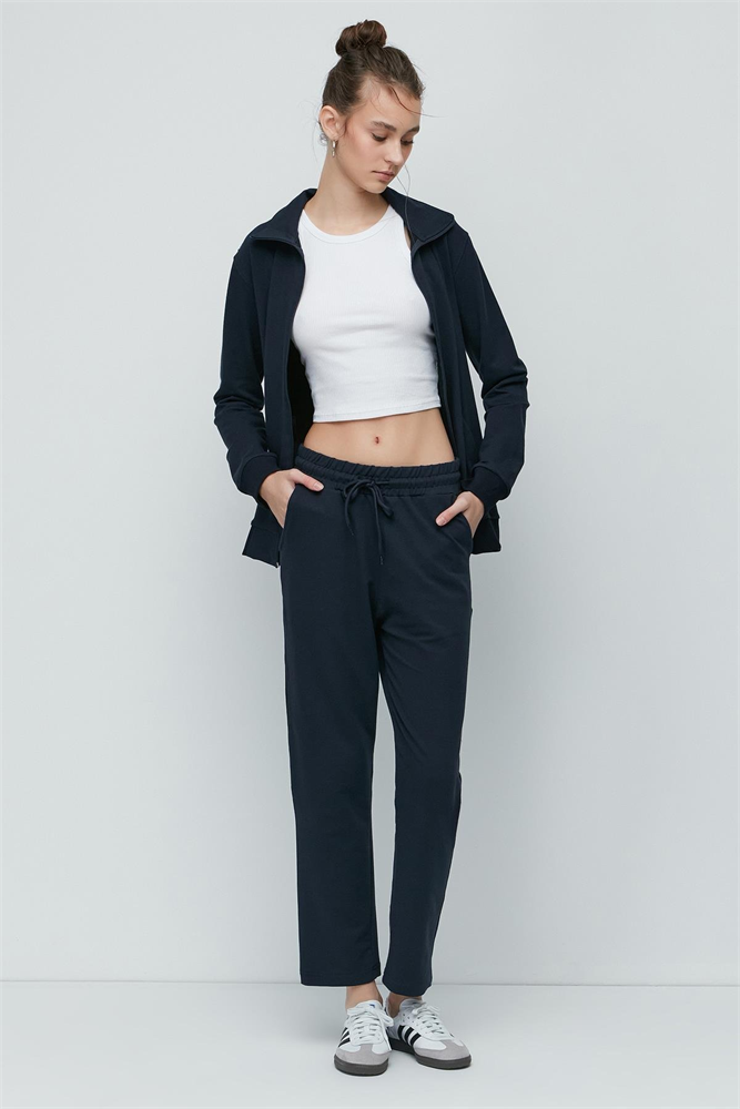 C&City Women Collared Front Zippered Straight Leg Tracksuit 9701 Navy Blue