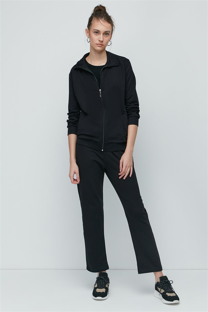 C&City Women Collared Front Zippered Straight Leg Tracksuit 9701 Black