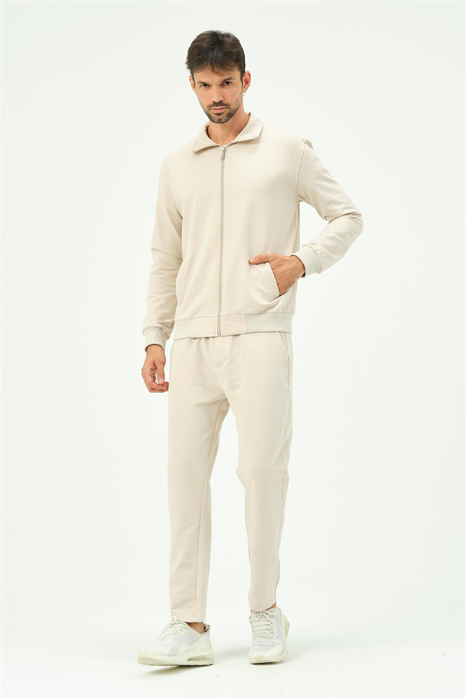 C&City Men Collared Front Zippered Straight Leg Tracksuit 8701 Beige