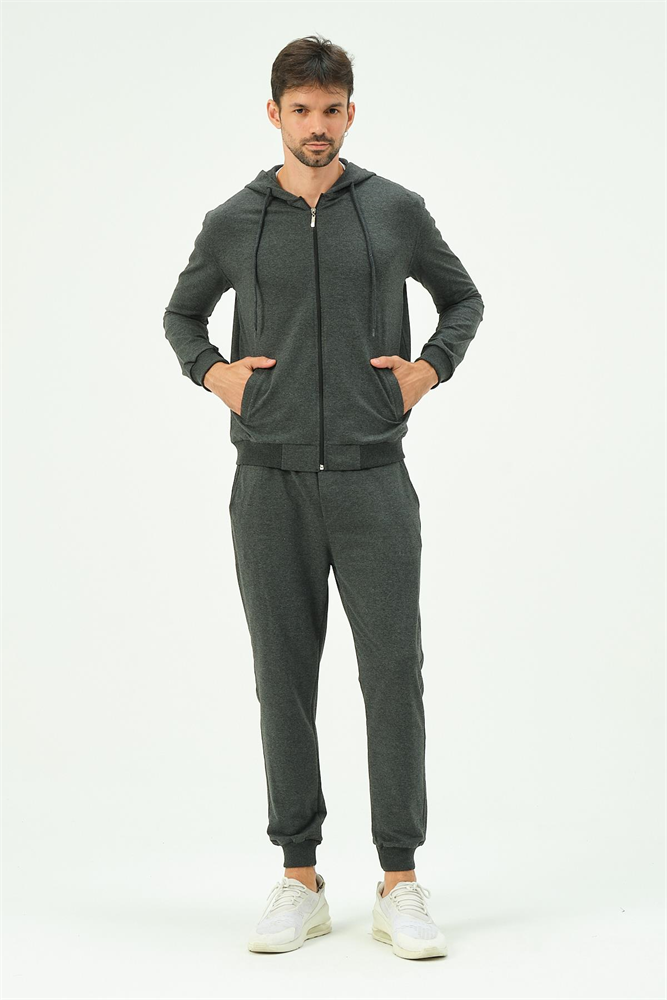 C&City Men Hooded Front Zippered Cuffed Leg Tracksuit 8702 Anthracite
