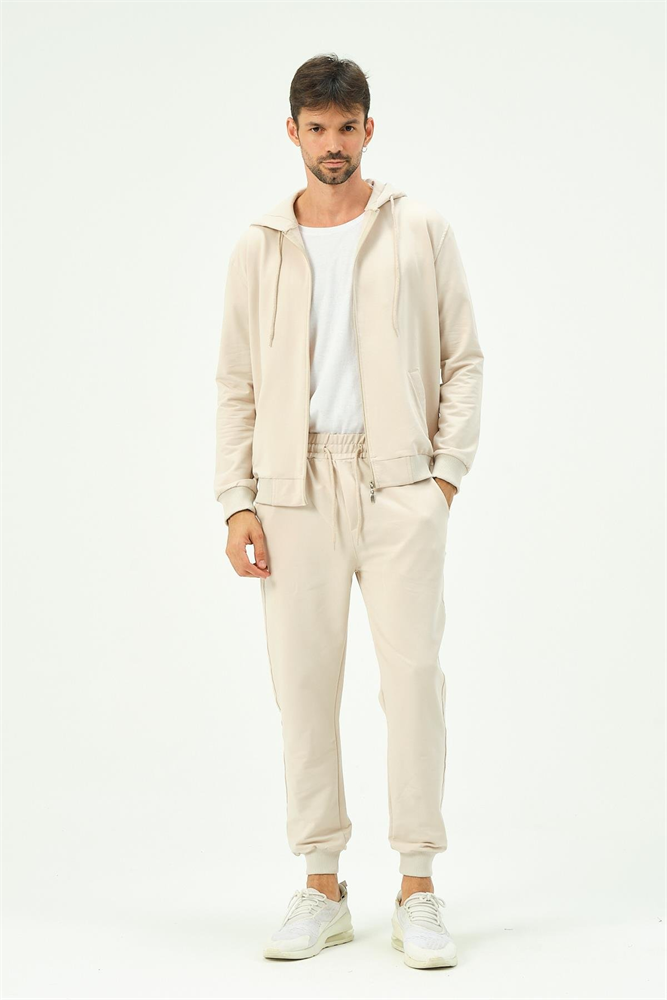 C&City Men Hooded Front Zippered Cuffed Leg Tracksuit 8702 Beige