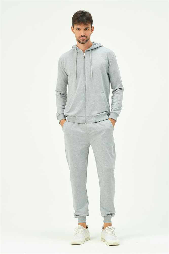 C&City Men Hooded Front Zippered Cuffed Leg Tracksuit 8702 Grey