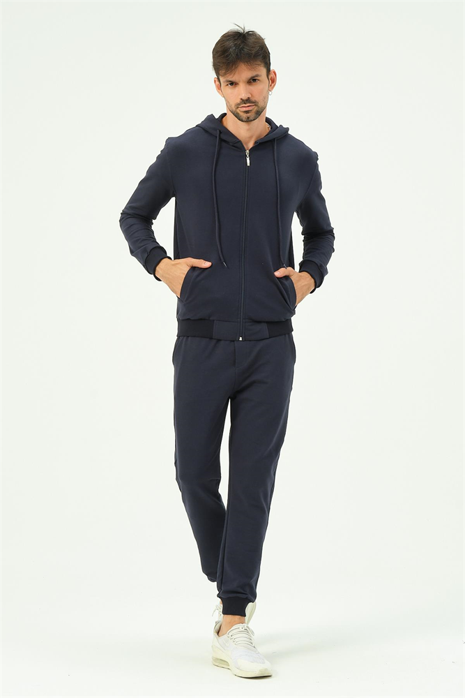 C&City Men Hooded Front Zippered Cuffed Leg Tracksuit 8702 Navy Blue