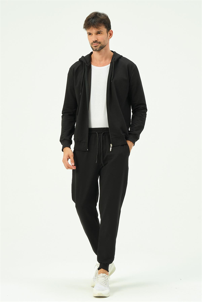 C&City Men Hooded Front Zippered Cuffed Leg Tracksuit 8702 Black