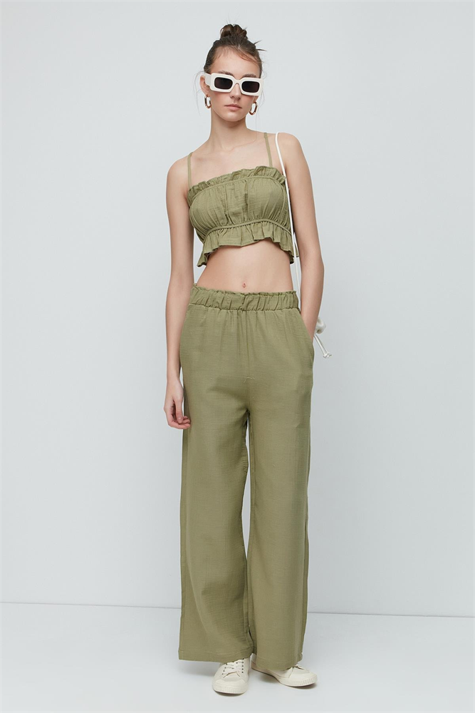 C&City Organic Cotton Muslin Crop Bustier Trousers Set 9124 Khaki