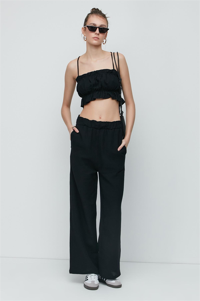 C&City Organic Cotton Muslin Crop Bustier Trousers Set 9124 Black