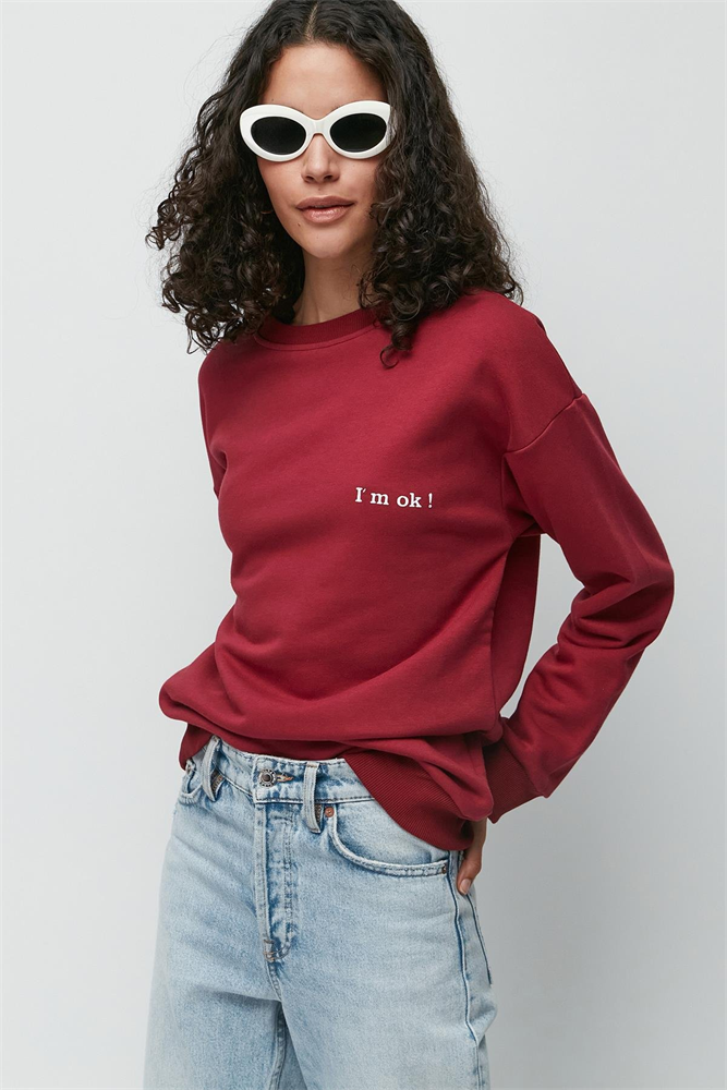 C&City Printed Oversize Long Sleeve Thick Sweatshirt 950 Burgundy