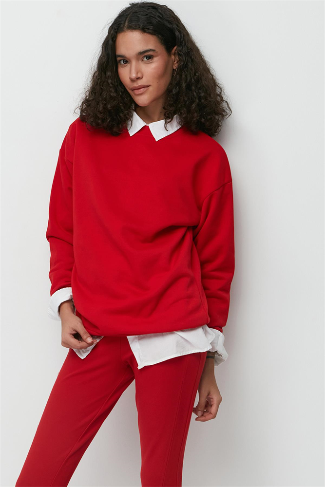 C&City Oversize Basic Crew Neck Thick Sweatshirt 951 Red