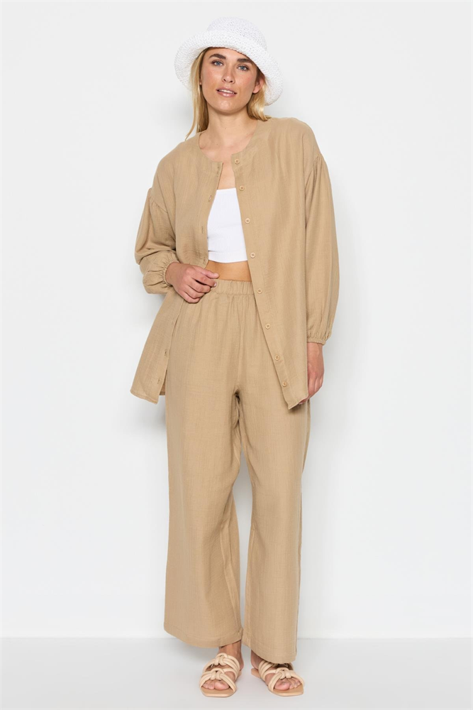 C&City Organik Pamuk Müslin Gömlek Pantolon Pijama Takım 9123 Kahverengi Beige