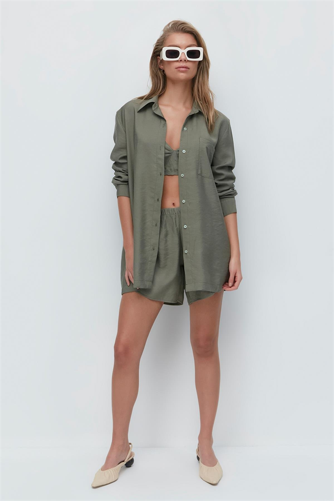 Long Sleeve Shirt Shorts 3-Piece Set 9147 Khaki