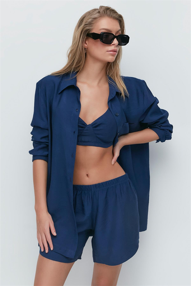 Long Sleeve Shirt Shorts 3-Piece Set 9147 Navy Blue