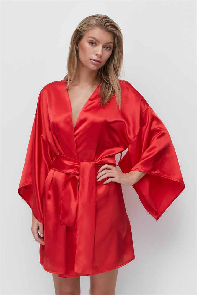 Kimono Long Sleeve Satin Robe 094 Red