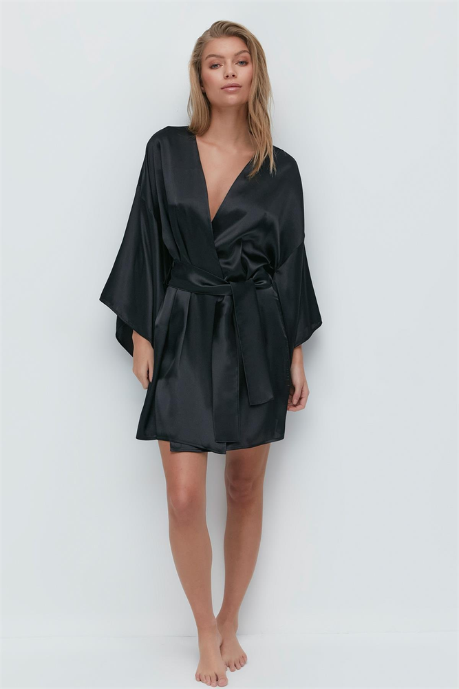 Kimono Long Sleeve Satin Robe 094 Black