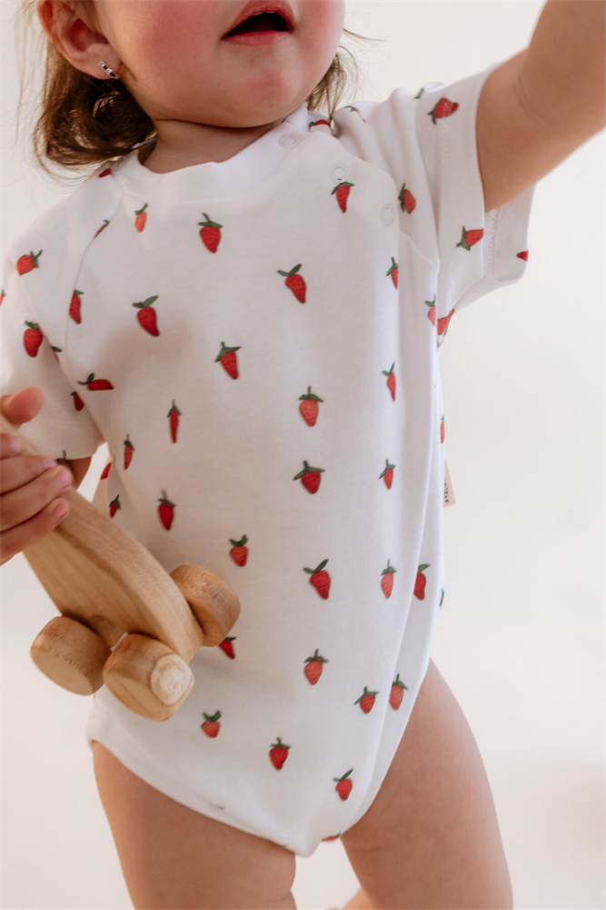 Baby Snap Shoulder Short Sleeve Printed Bodysuit Strawberry Color