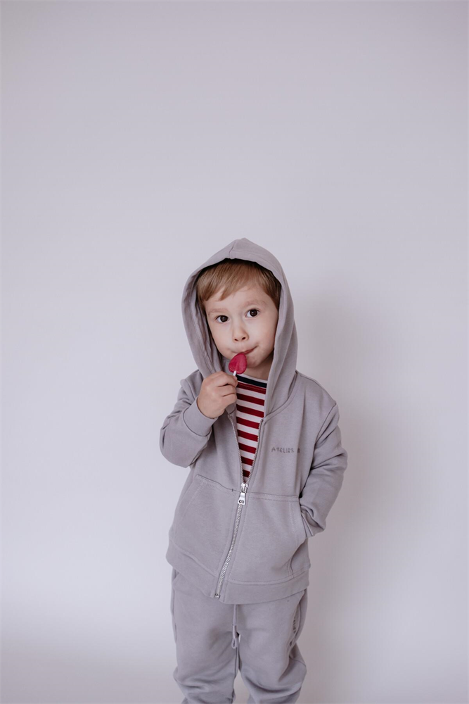 Kid's Long Sleeve Zip-Up Hooded Sweatshirt Grey