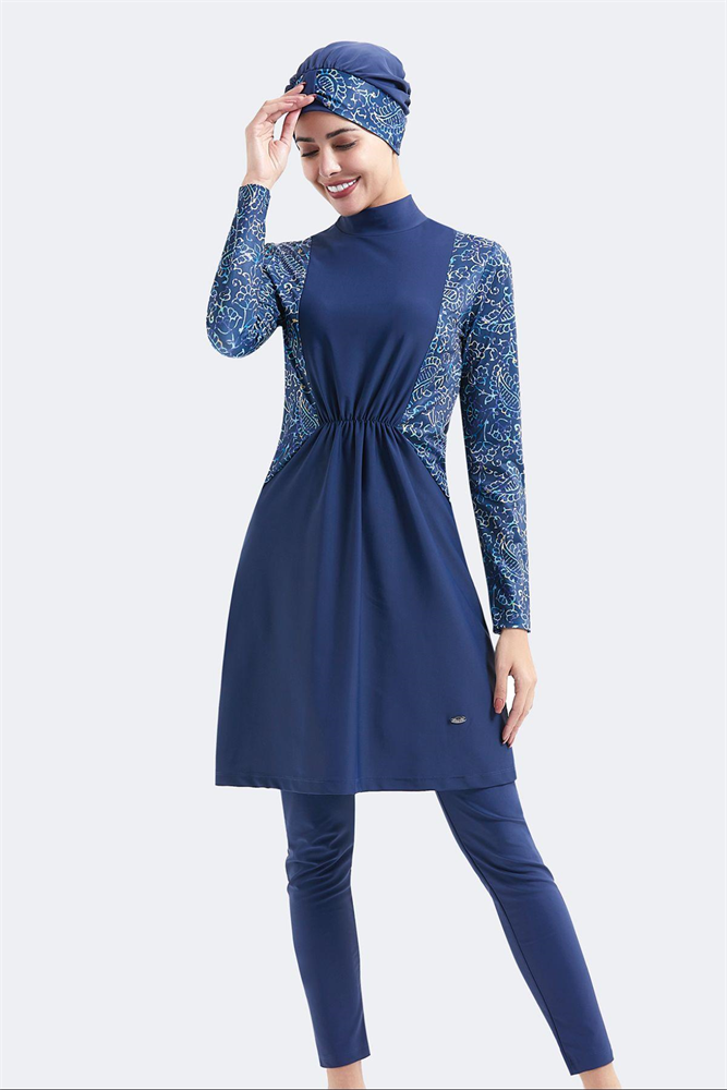 Full Covered 4-Piece Ruched Burkini C14032 Navy Blue