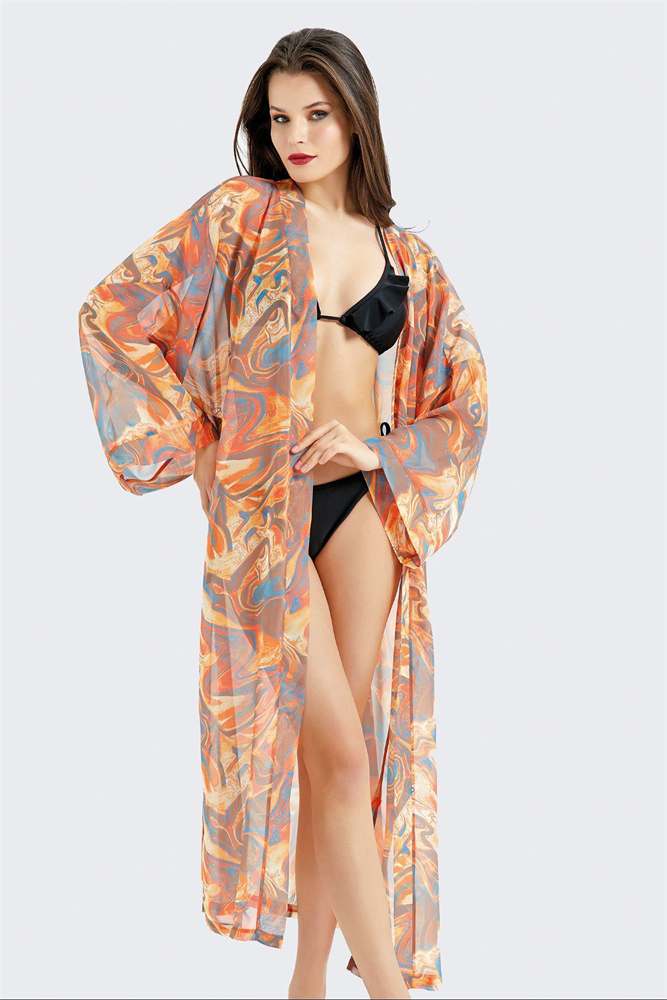 Long Chiffon Kimono Pareo Beach Dress C14301 Orange