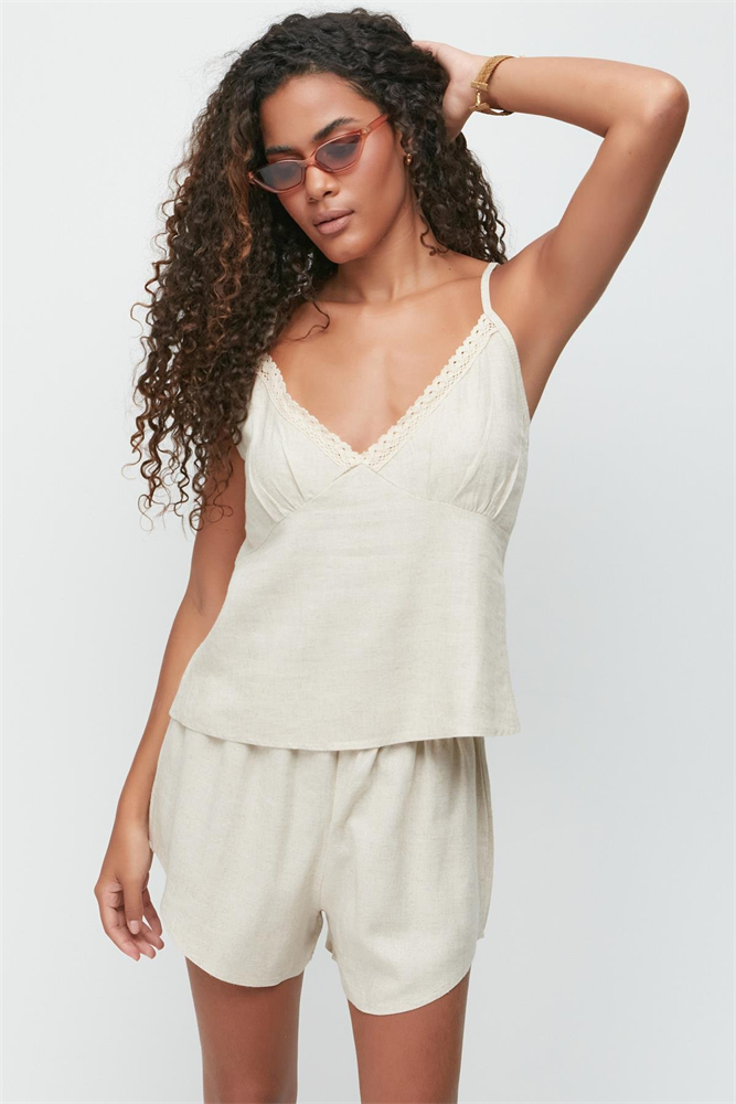 Linen Lace Detail Tank Top and Shorts Set 9146 Beige