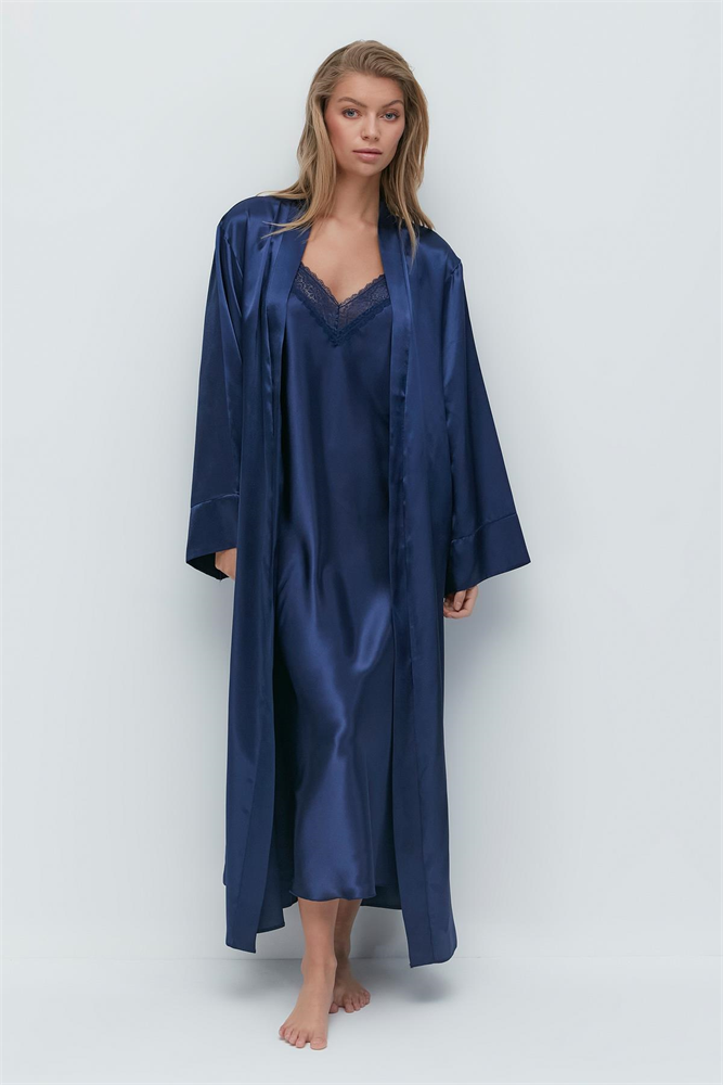 Long Sleeve Satin Dressing Gown 093 Navy Blue