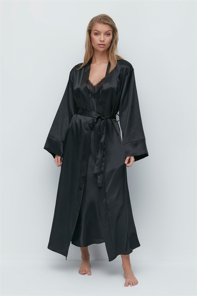 Long Sleeve Satin Dressing Gown 093 Black