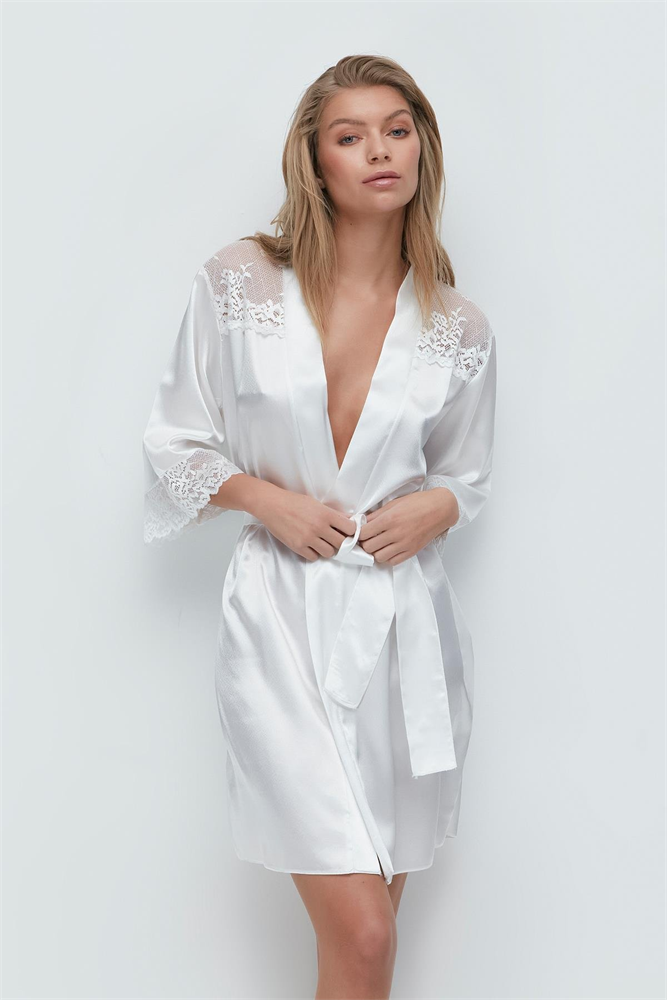 Shoulder Lace Detail Short Sleeve Satin Robe 092 Ecru