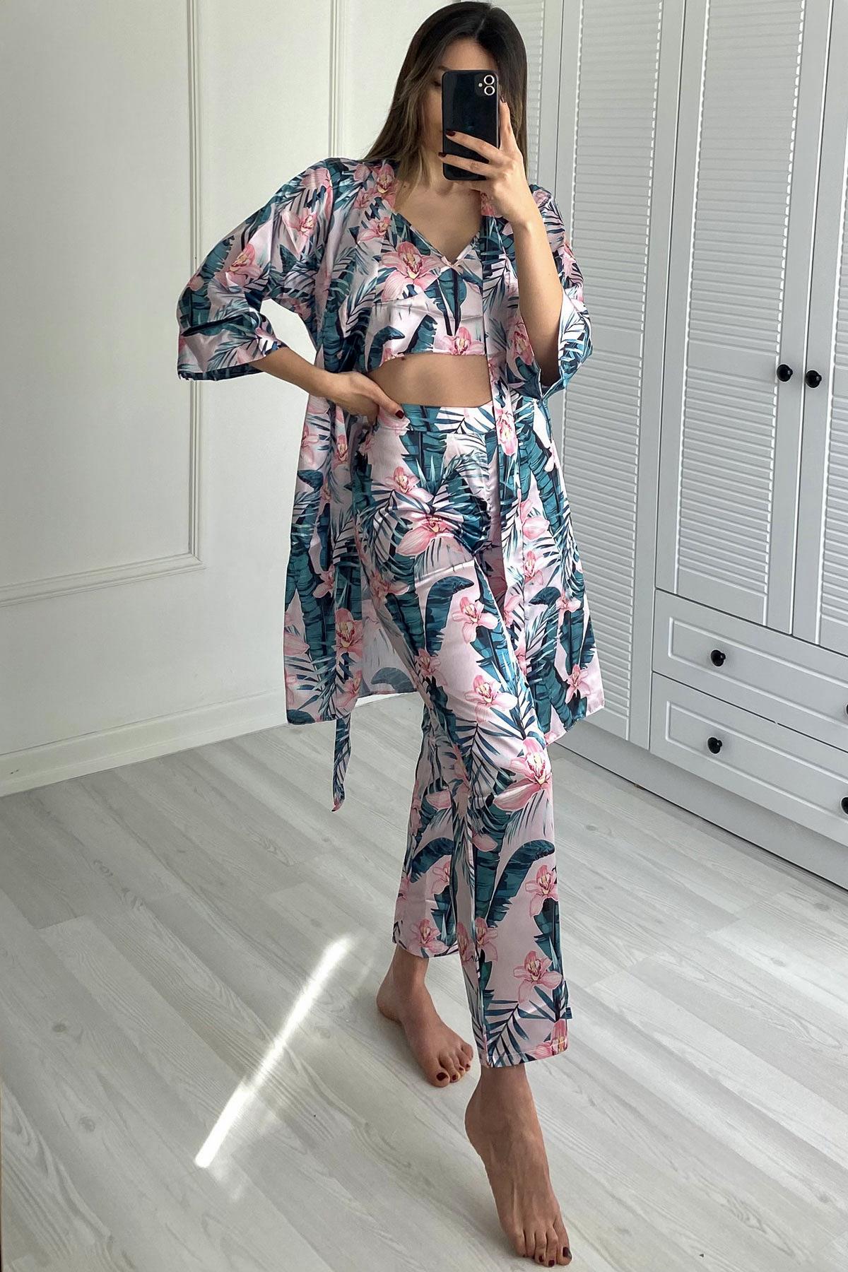 C&City Women Satin Triple Pyjama Set 045 Ecru/Green