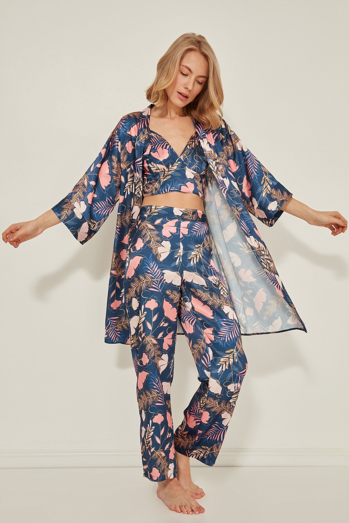 C&City Women Satin Triple Pyjama Set 045 Navy/Orange