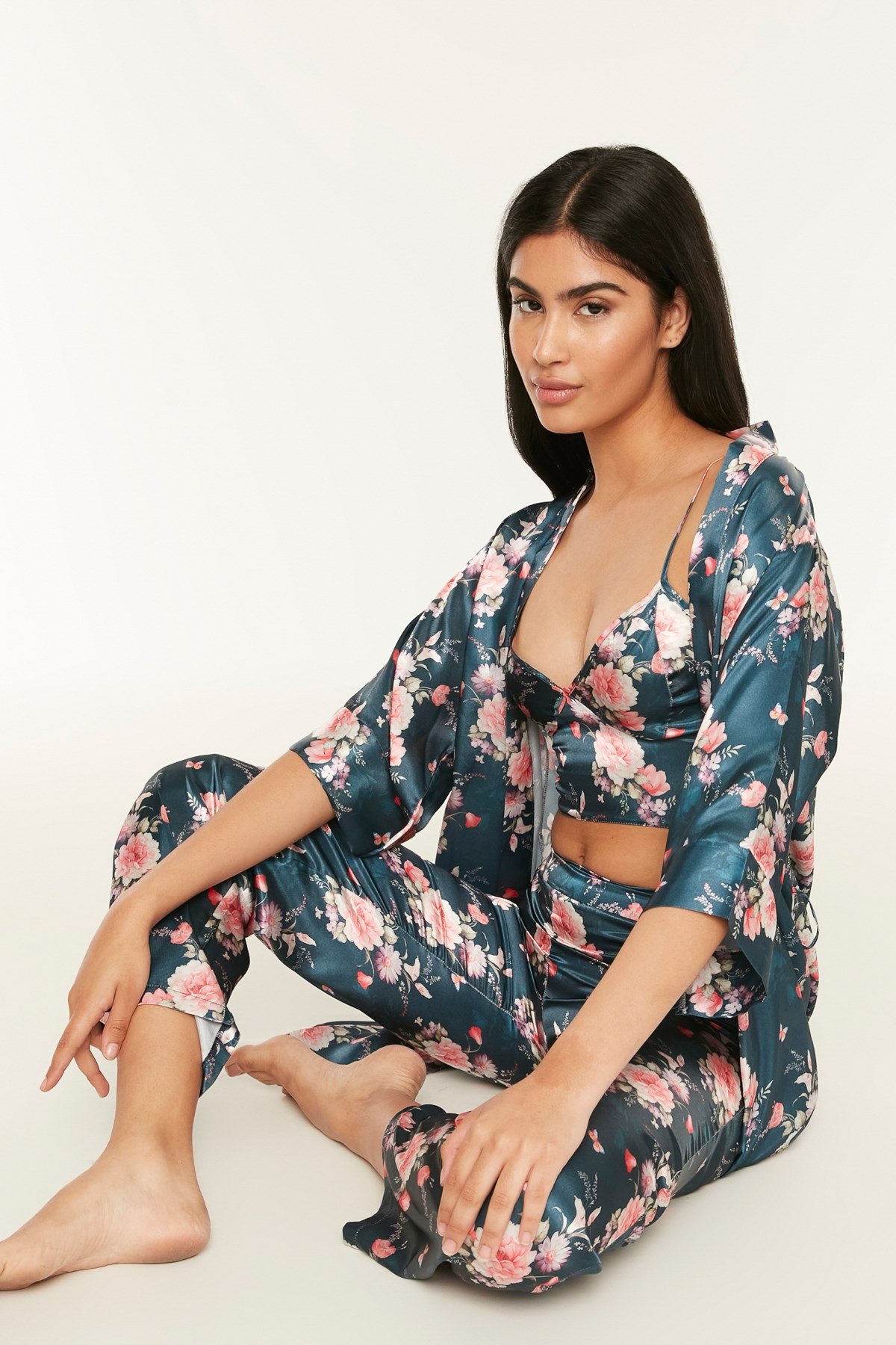 C&City Women Satin Triple Pyjama Set 045 Oil Green