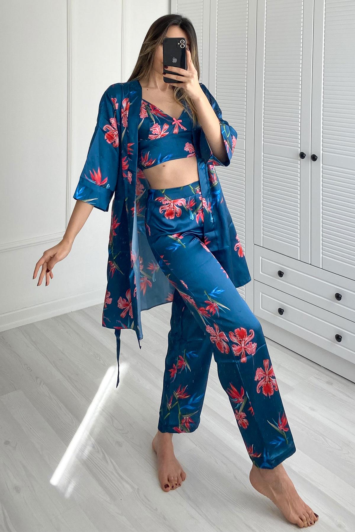 C&City Women Satin Triple Pyjama Set 045 Turquoise
