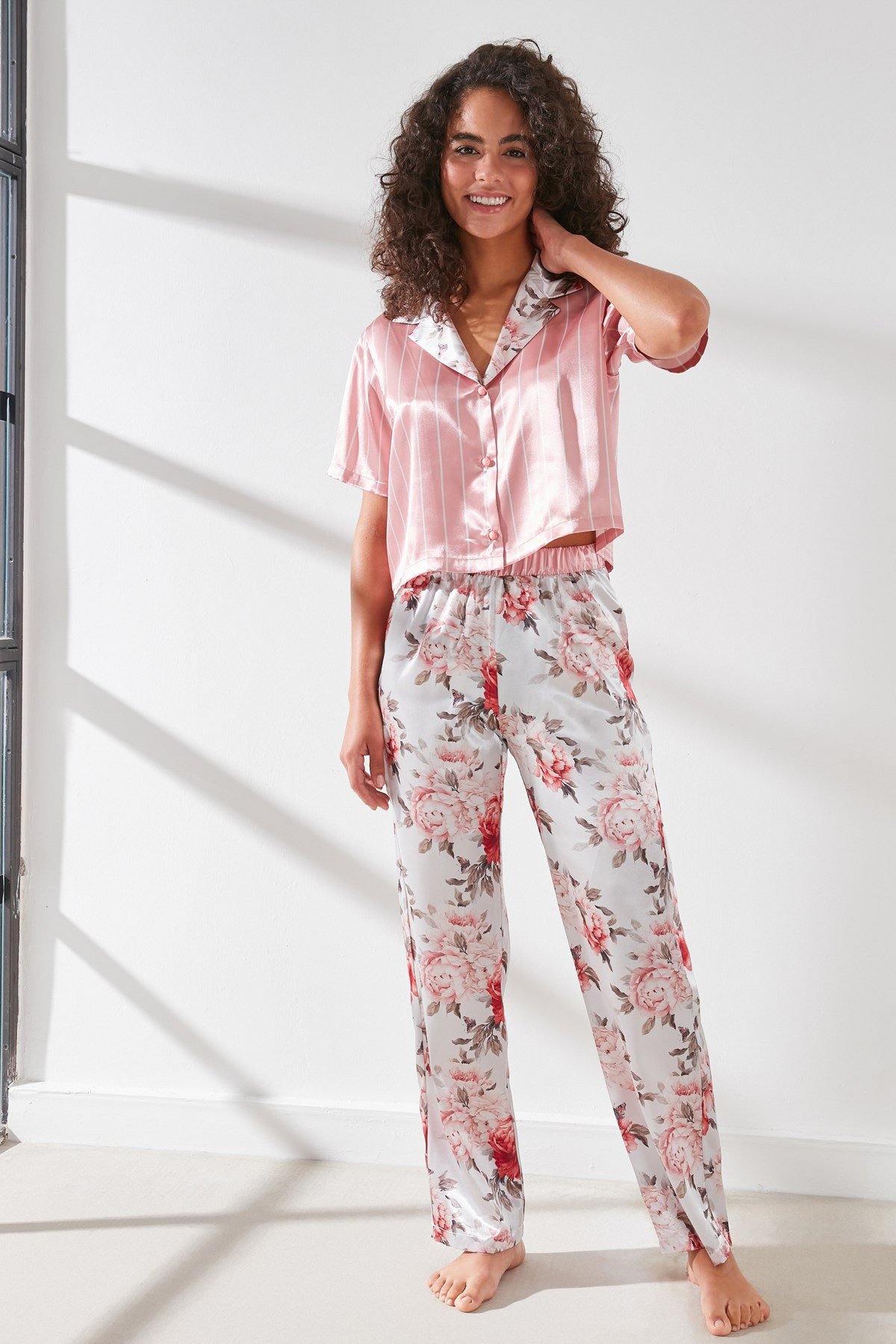 C&City  Satin Pyjama Set 9066  Pink/Ecru