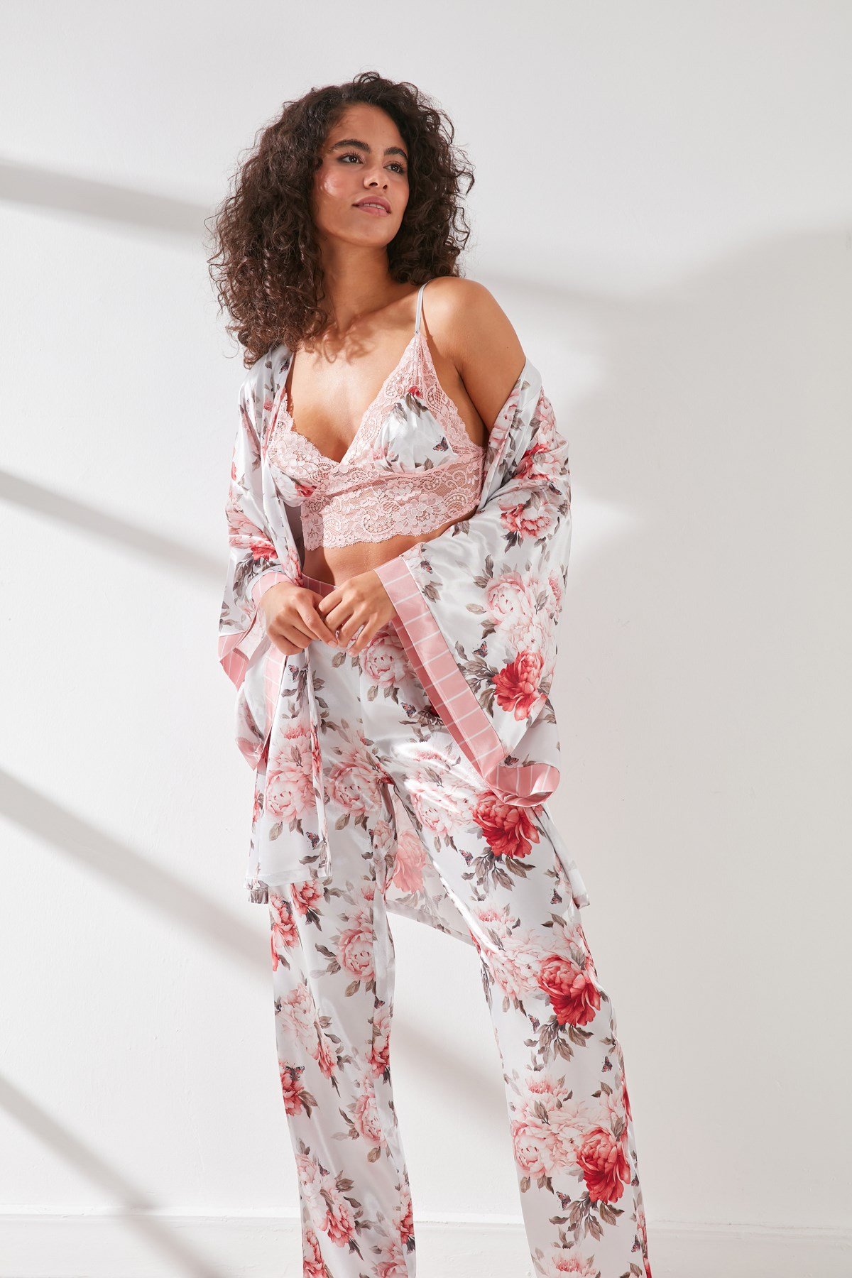 C&City Satin 3 Piece Nightgown Set 9064  Pink/Ecru