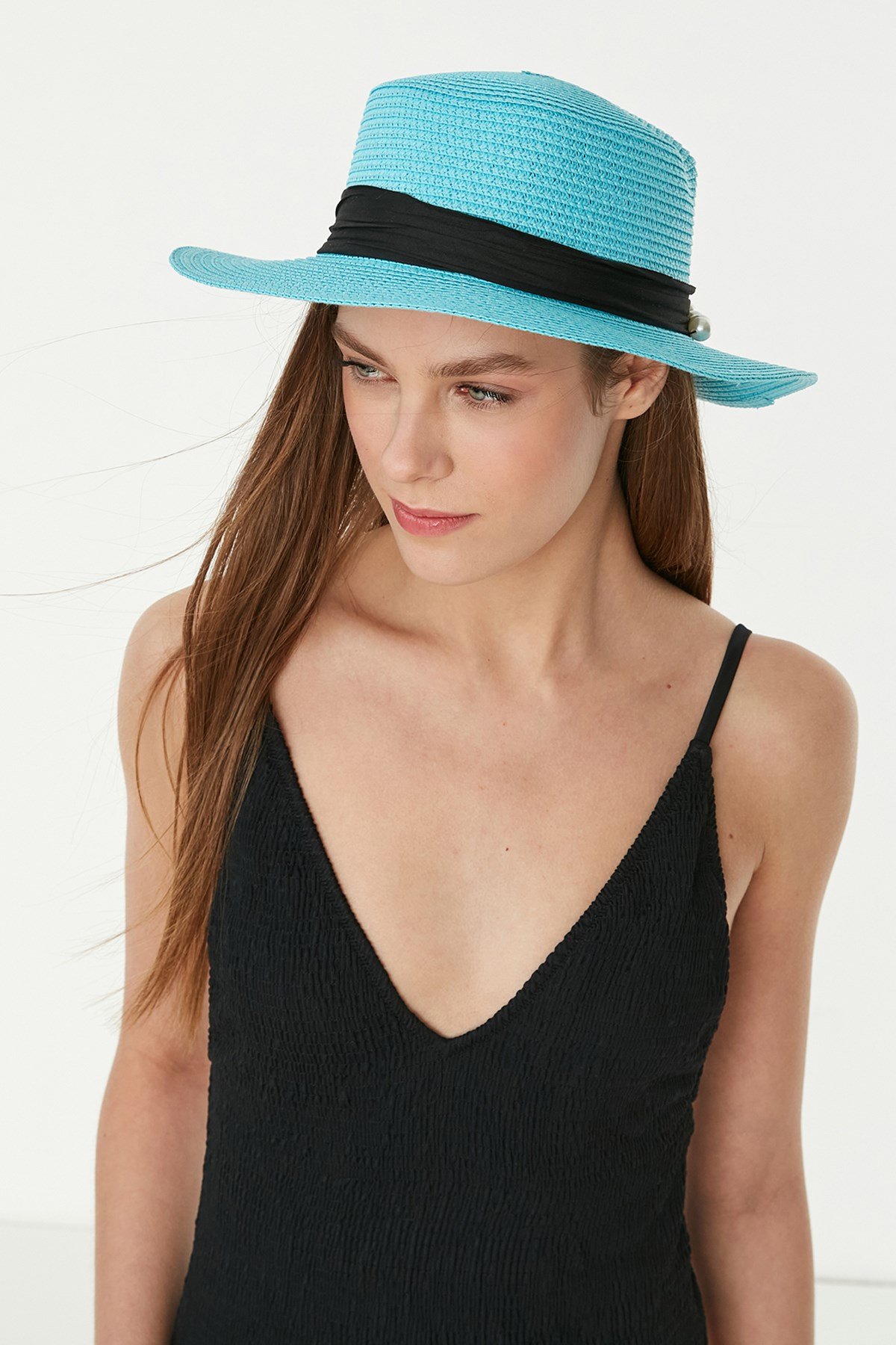 C&City Kısa Kenar Hasır Plaj Şapka P-Y87300-46 Beyaz Turquoise