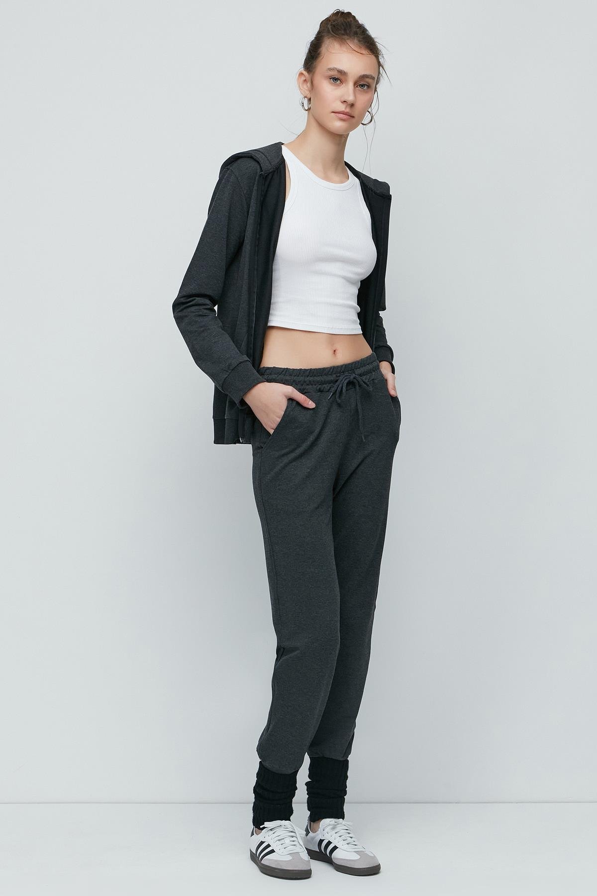 C&City Women Hooded Front Zippered Cuffed Leg Tracksuit Set 9702  Anthracite