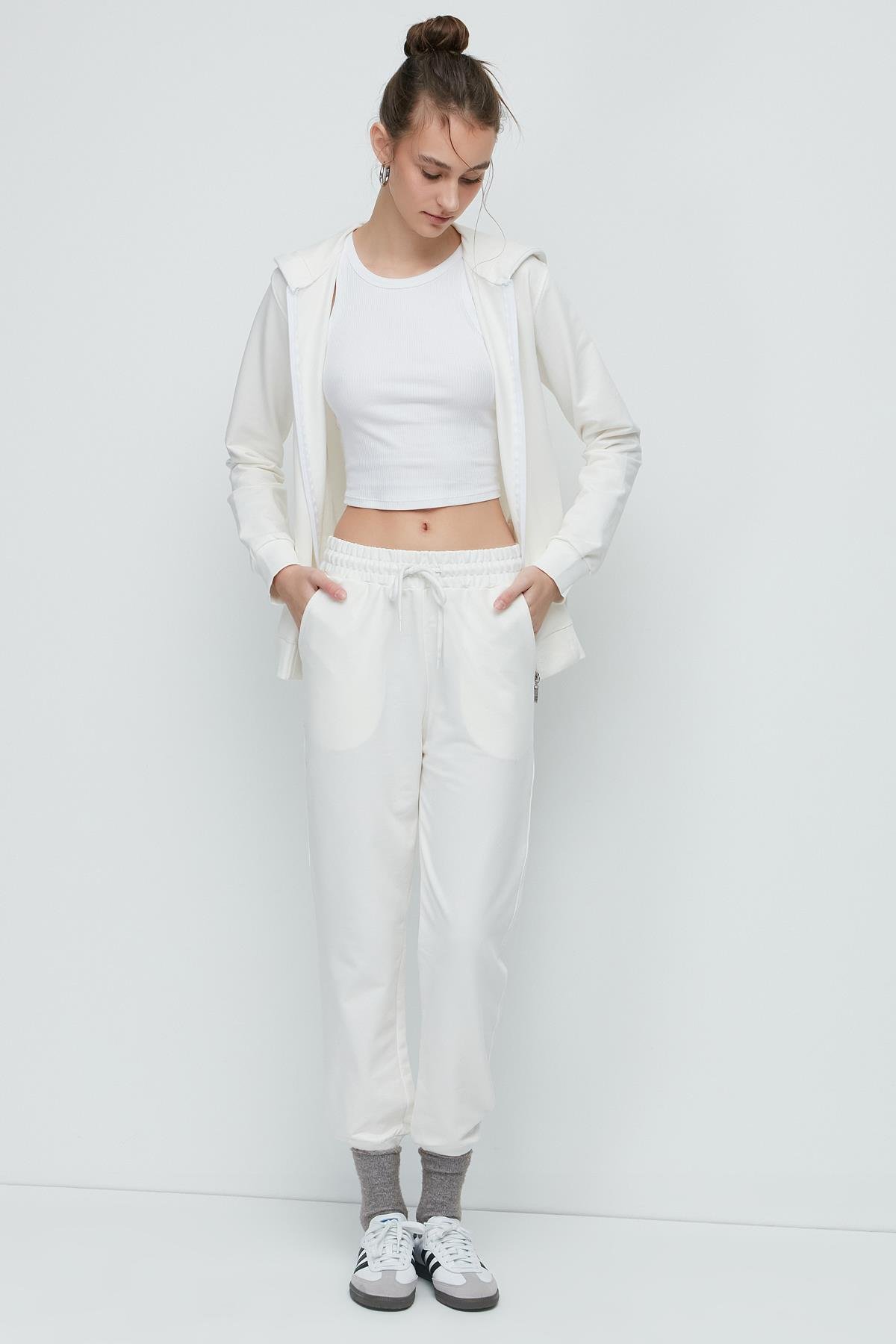 C&City Women Hooded Front Zippered Cuffed Leg Tracksuit Set 9702  Ecru
