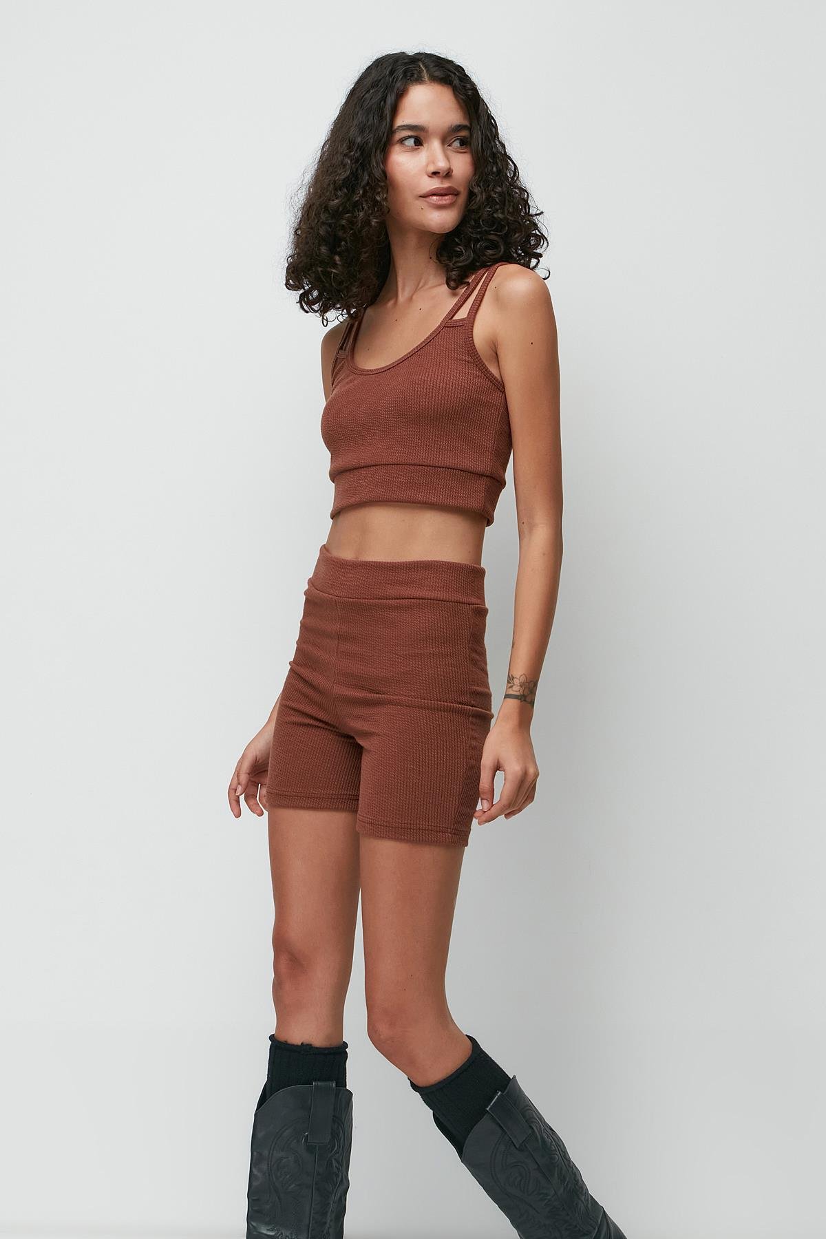 C&City Ribbed Shoulder Detailed Bustier Shorts Set 9133 Brown