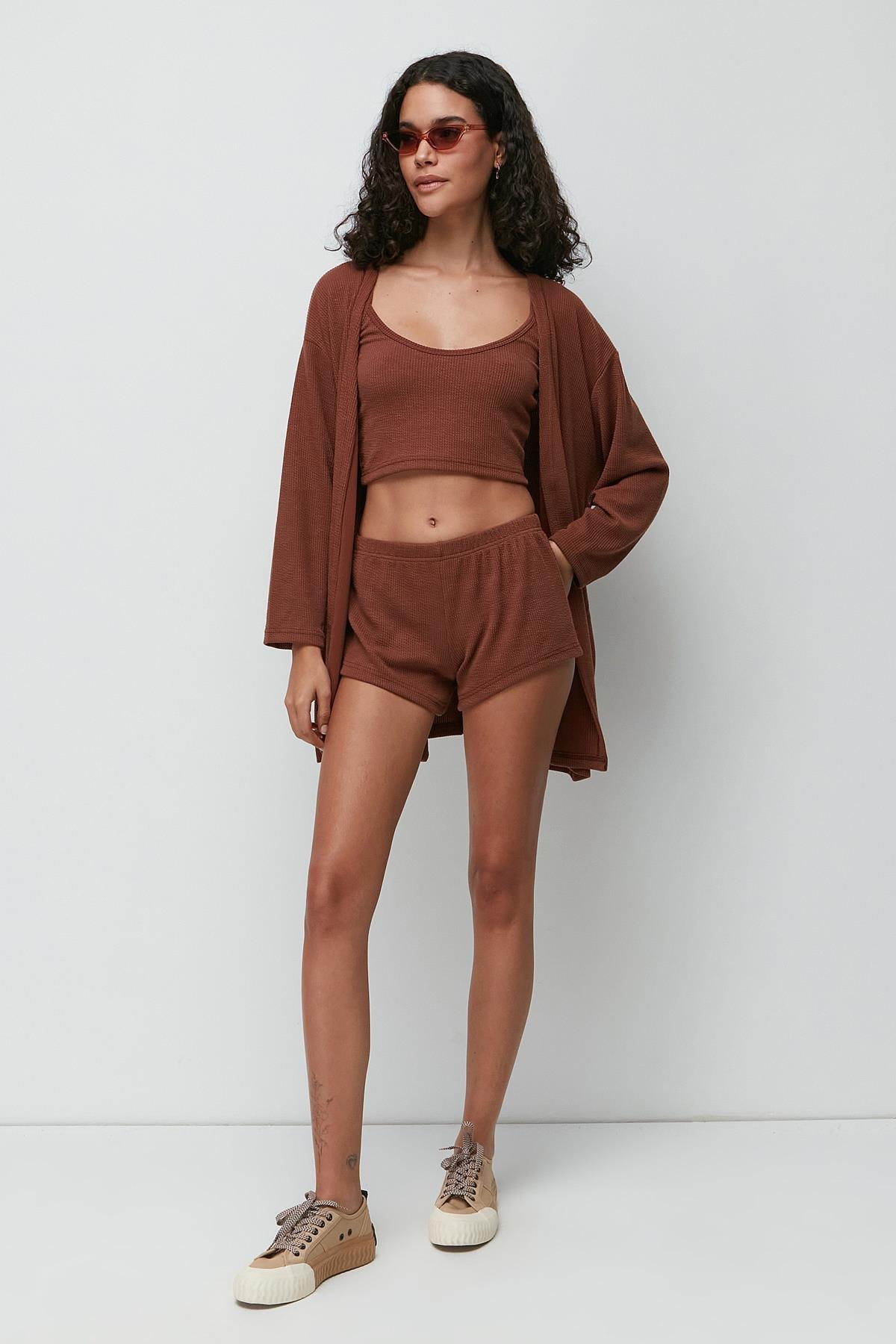Ribbed 3-Piece Nightgown Set 9136 Brown