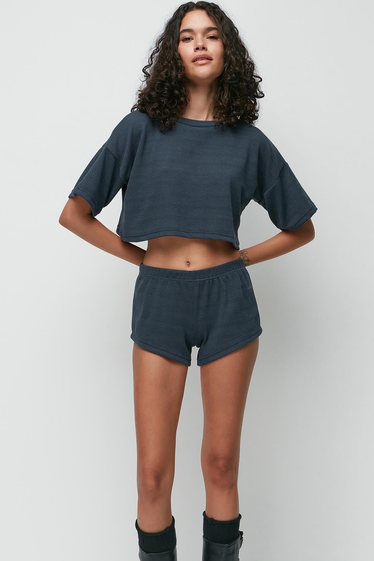 C&City Ribbed Short Sleeve T-Shirt Shorts Set 9137 Smoked Color