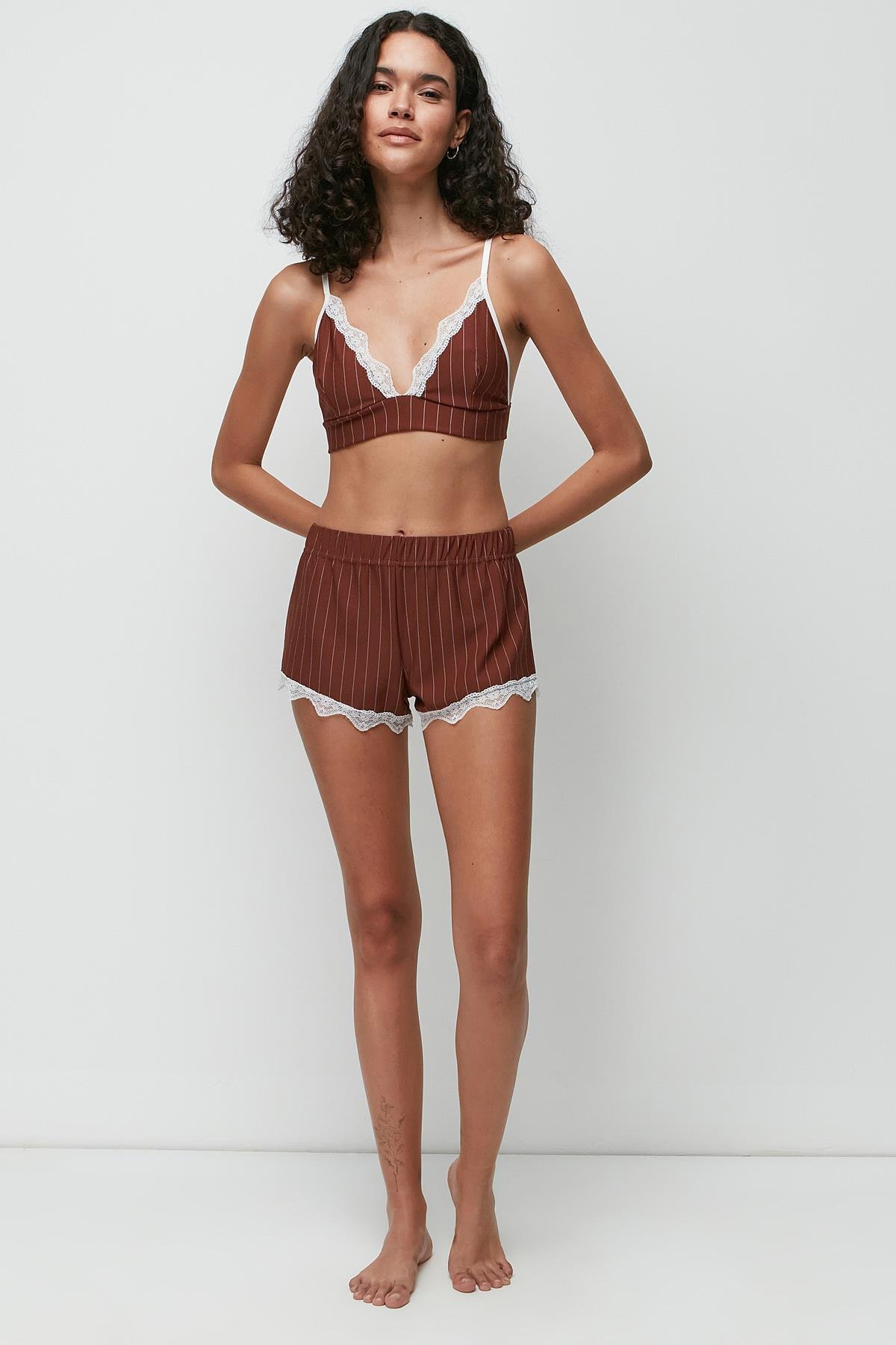 C&City Lace Detail Bralette Shorts Set 9142 Brown