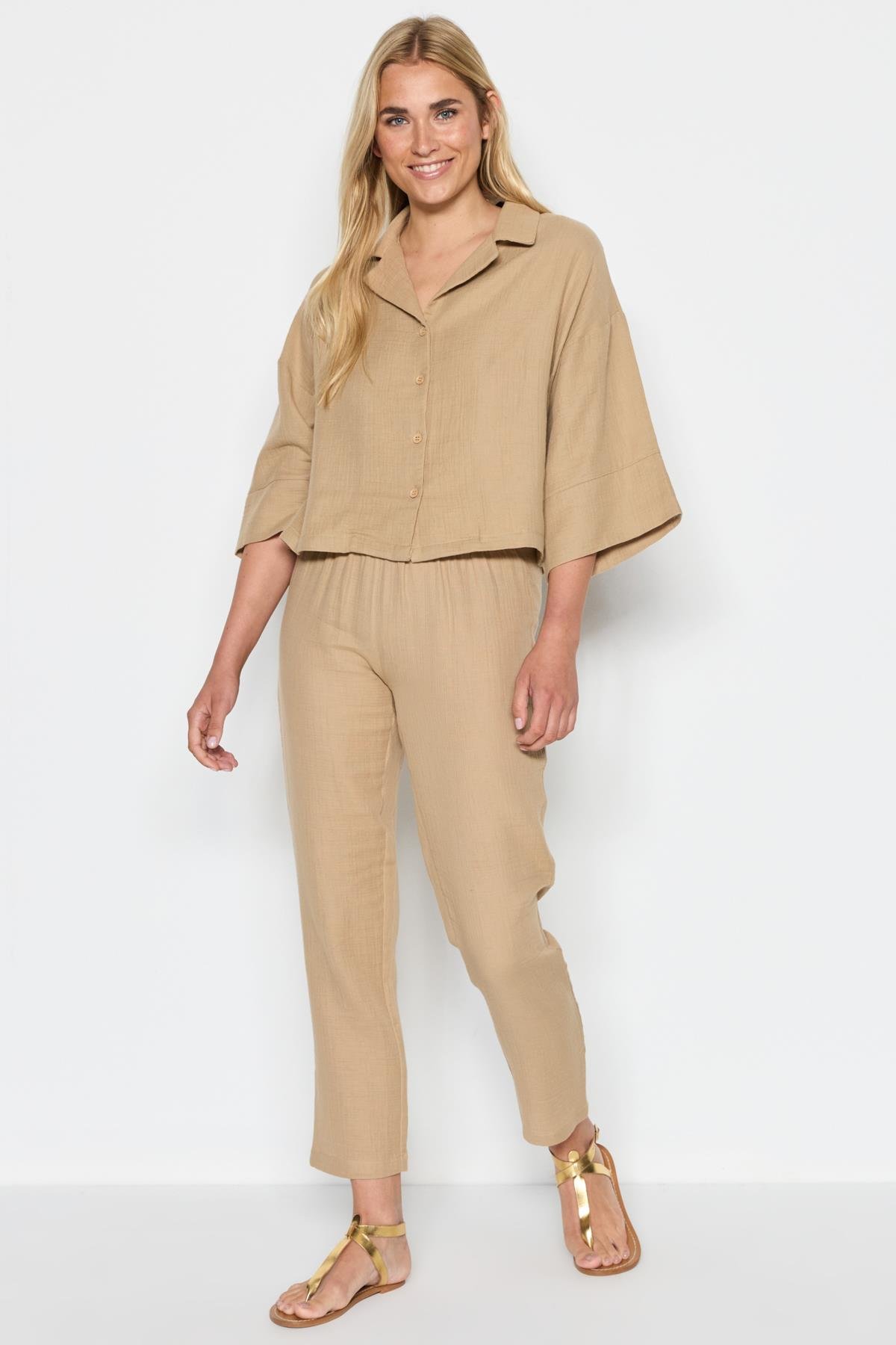 C&City Women Organic Cotton Muslin Shirts Pants Set 9122 Beige