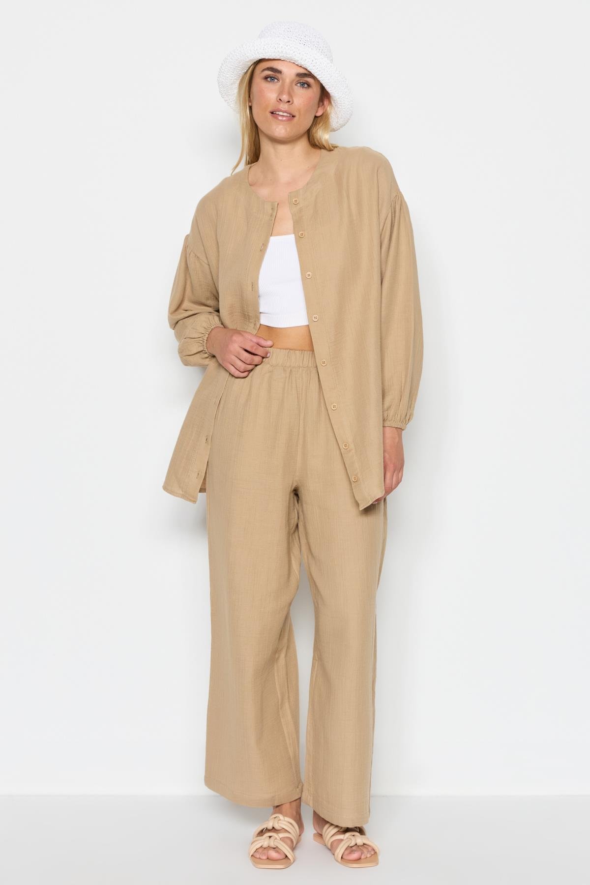 C&City Organik Pamuk Müslin Gömlek Pantolon Pijama Takım 9123 Kahverengi Beige
