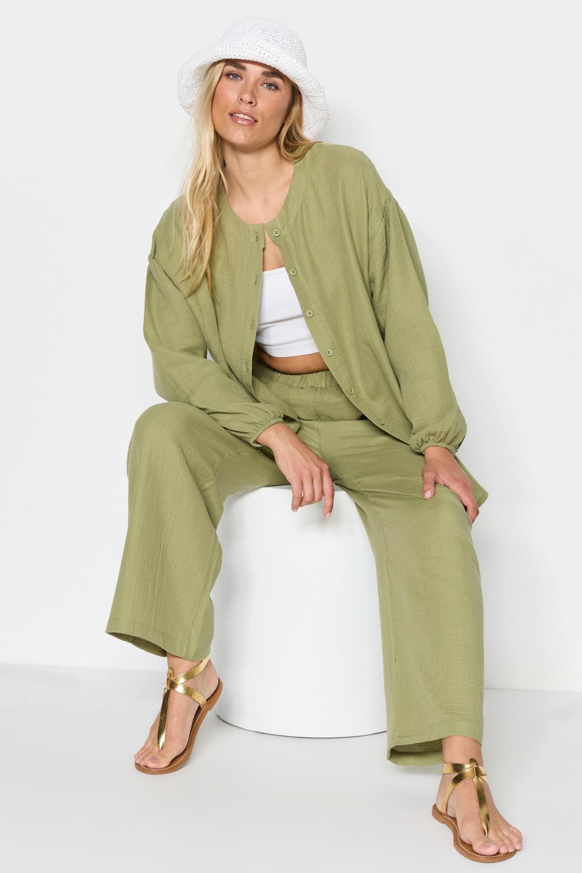 C&City Organik Pamuk Müslin Gömlek Pantolon Pijama Takım 9123 Kahverengi Khaki