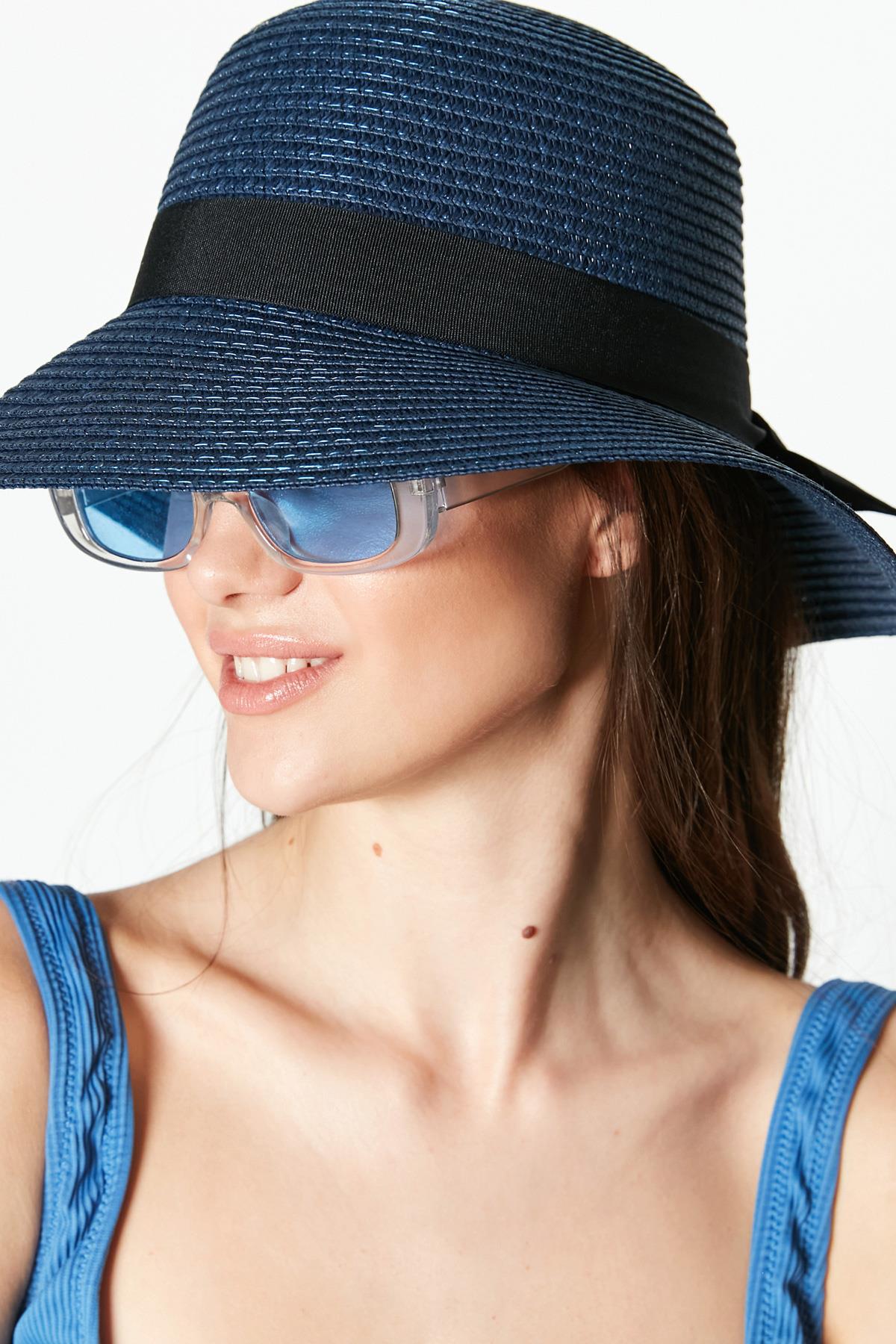 C&City Kısa Kenar Hasır Plaj Şapkası Y23730-57 Açık Bej Navy Blue