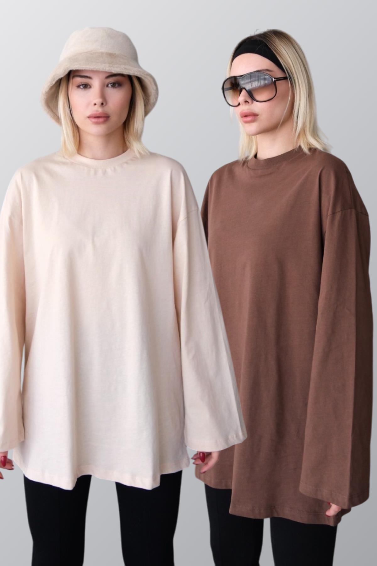 Geniş Kol Oversize 2'li Paket T-Shirt 964 Bej/Kahverengi