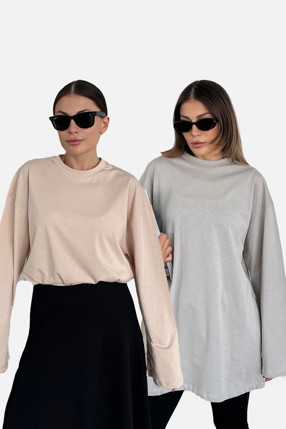 Geniş Kol Oversize 2'li Paket T-Shirt 964 Gri/Bej