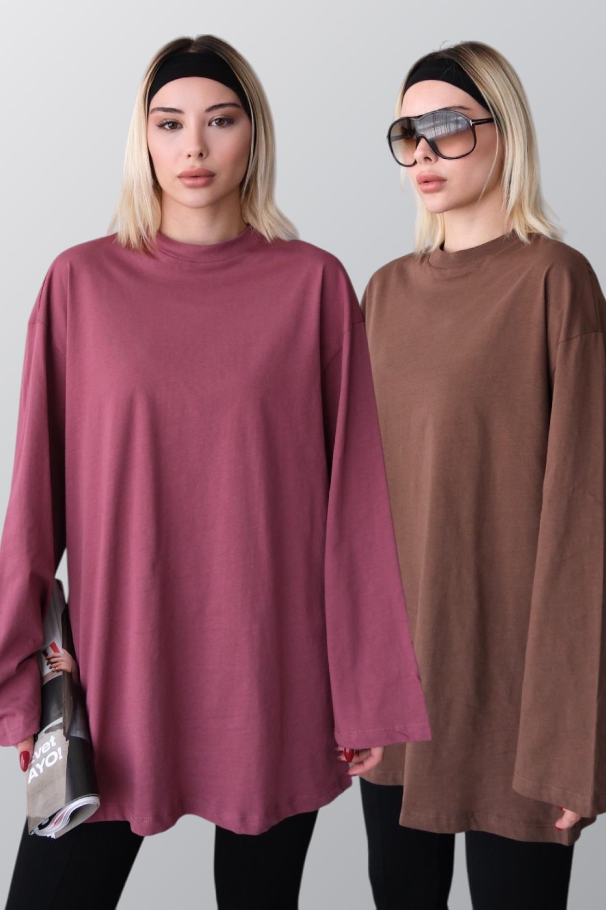 Geniş Kol Oversize 2'li Paket T-Shirt 964 Gül/Kahverengi