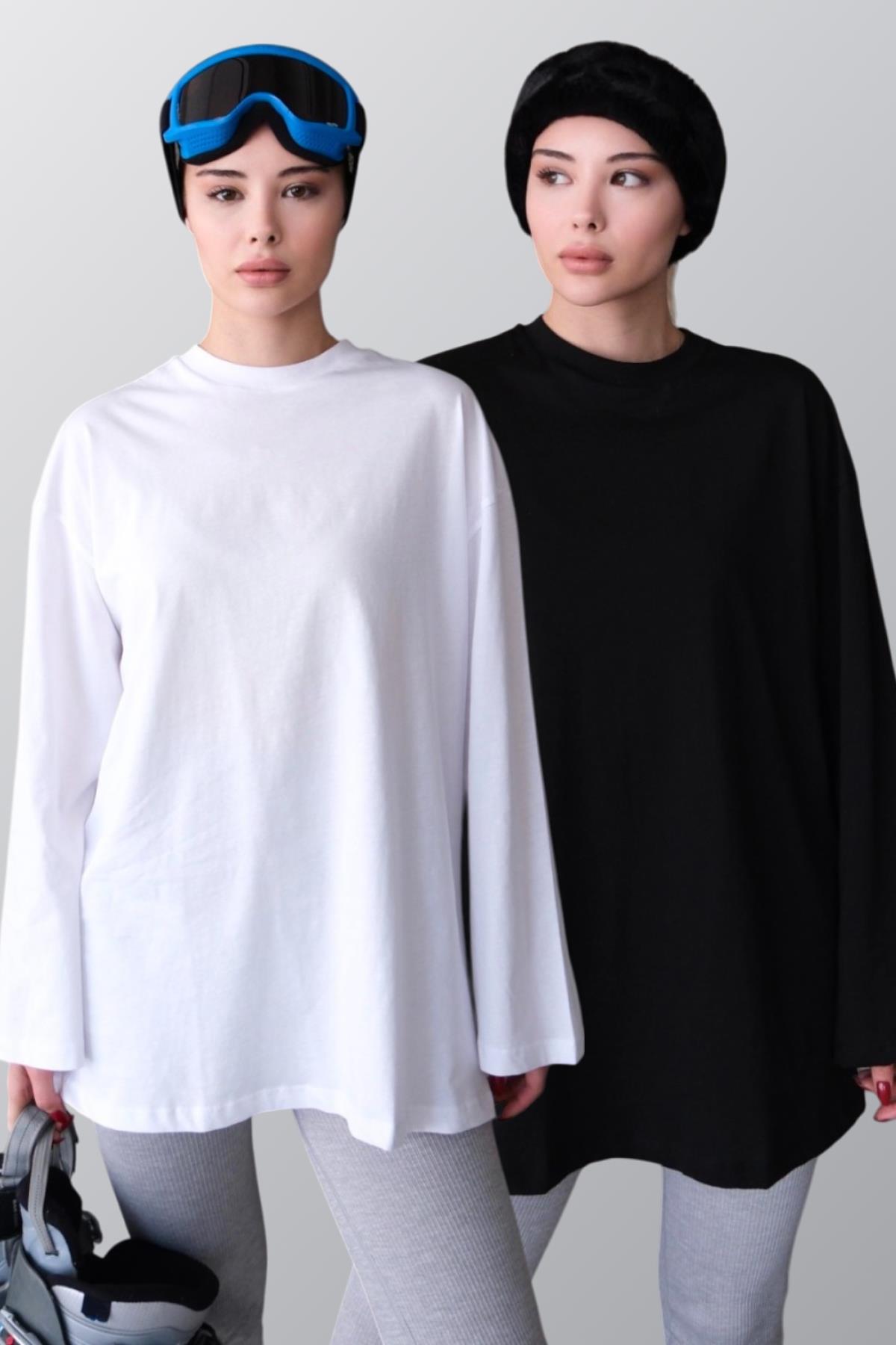 Geniş Kol Oversize 2'li Paket T-Shirt 964 Siyah/Beyaz